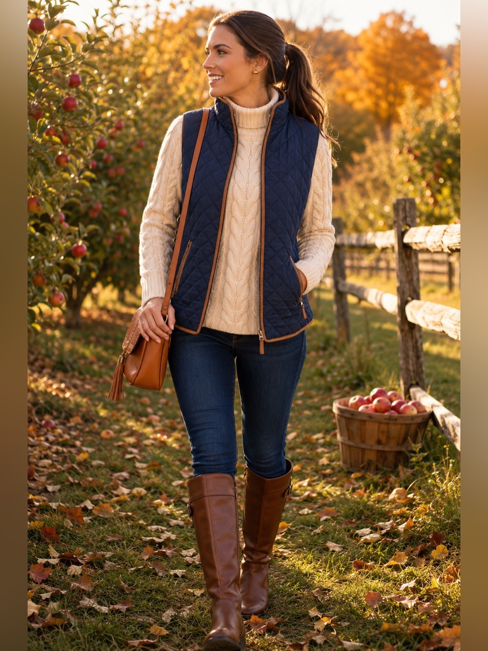 Jason Maxwell Women’s Navy Quilted Puffer Vest with Brown Faux Suede Trim Size S